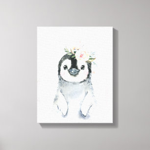 Aquarell Florale Baby Pinguin Verschneite Tiere Leinwanddruck