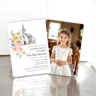 Aquarell Florale Kirche Erste Heilige Kommunion Einladung