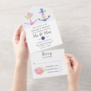 Aquarell Florale Nautische Hochzeit All In One Einladung