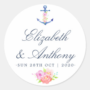 Aquarell Florale Nautische Hochzeit Runder Aufkleber