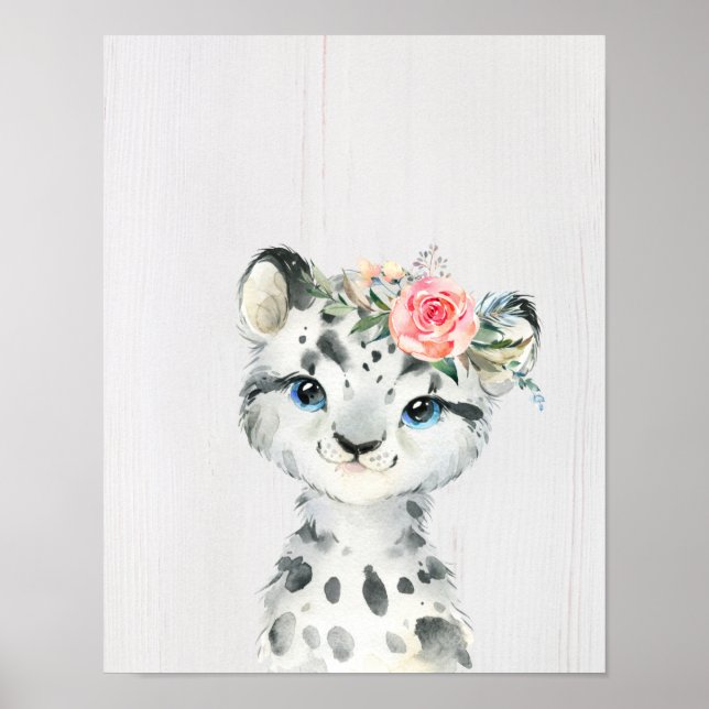 Aquarell Florales Baby-Schneeleopard Poster (Vorne)