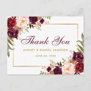 Aquarell Florales Burgunder Gold Hochzeit Danke Postkarte
