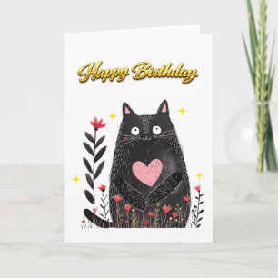 Aquarell Florales Schwarzes Katze Rosa Herz Geburt Karte