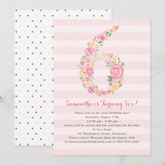 Aquarell Florals 6. Geburtstag Einladung (Vorne/Hinten)