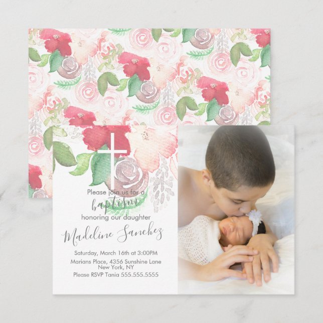 Aquarell Florals Pink Taufe Kinderdedizierung Einladung (Vorne/Hinten)