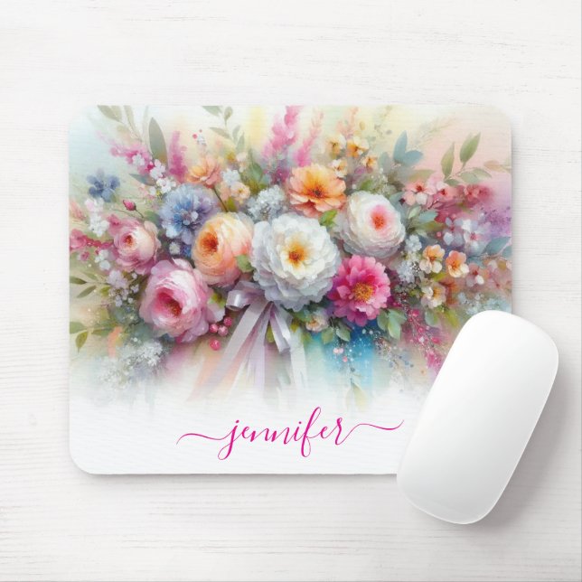 Aquarell Flowers Calligraphy Script Your Name Mousepad (Mit Mouse)