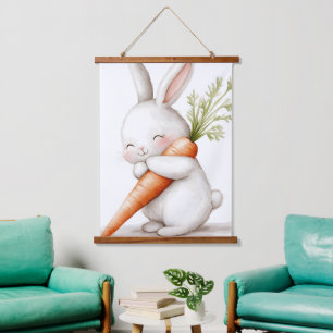 Aquarell Fluffiger Hase Karotten Liebe  Wandteppich Mit Holzrahmen