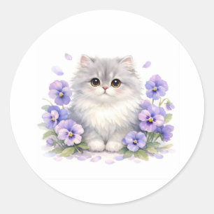 Aquarell Fluffiges Kätzchen mit violetten Stiefmüt Runder Aufkleber