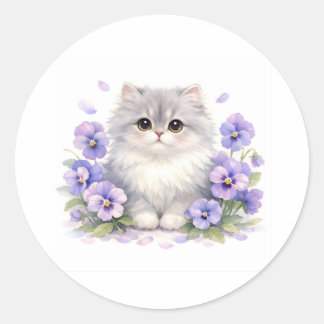 Aquarell Fluffiges Kätzchen mit violetten Stiefmüt Runder Aufkleber