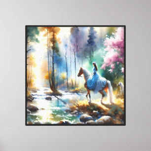 Aquarell Fluss Reiterin Wald Licht Leinwanddruck