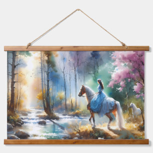 Aquarell Fluss Reiterin Wald Licht Wandteppich Mit Holzrahmen