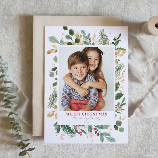 Aquarell & Foil Winter Grüne Foto Weihnachten (Watercolor and Faux Gold Foil Winter Greenery Photo Merry Christmas Card)