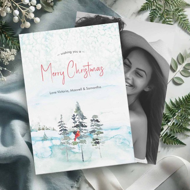 Aquarell-Foto-Weihnachtskarten Feiertagskarte (Photo Christmas cards with watercolor winter scenery by Victoria Grigaliunas of Do Tell A Belle)