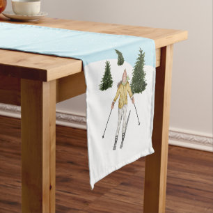 Aquarell Frau Skifahren auf den Winterhängen Blau Kurzer Tischläufer