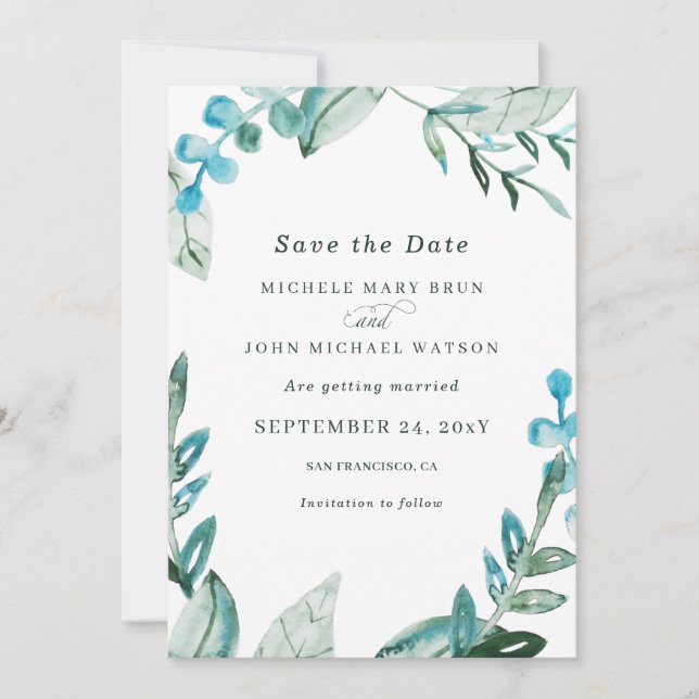 Aquarell Fresh Blue Greenery Blätter Wedding Rett Save The Date (Vorderseite)