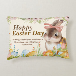 Aquarell Frohe Ostern Blumenhase mit Schleife Dekokissen
