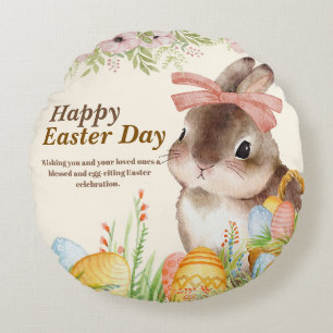 Aquarell Frohe Ostern Blumenhase mit Schleife Rundes Kissen