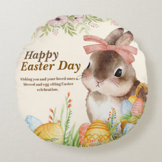 Aquarell Frohe Ostern Blumenhase mit Schleife Rundes Kissen