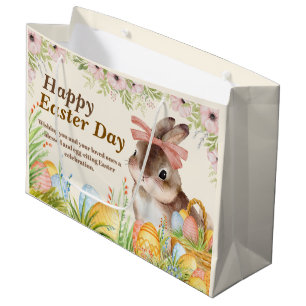 Aquarell Frohe Ostern Floraler Hase mit Schleife Große Geschenktüte