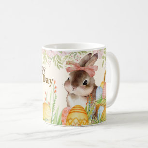 Aquarell Frohe Ostern Floraler Hase mit Schleife Kaffeetasse
