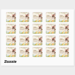 Aquarell Frohe Ostern Floraler Hase mit Schleife Quadratischer Aufkleber
