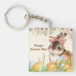 Aquarell Frohe Ostern Floraler Hase mit Schleife Schlüsselanhänger