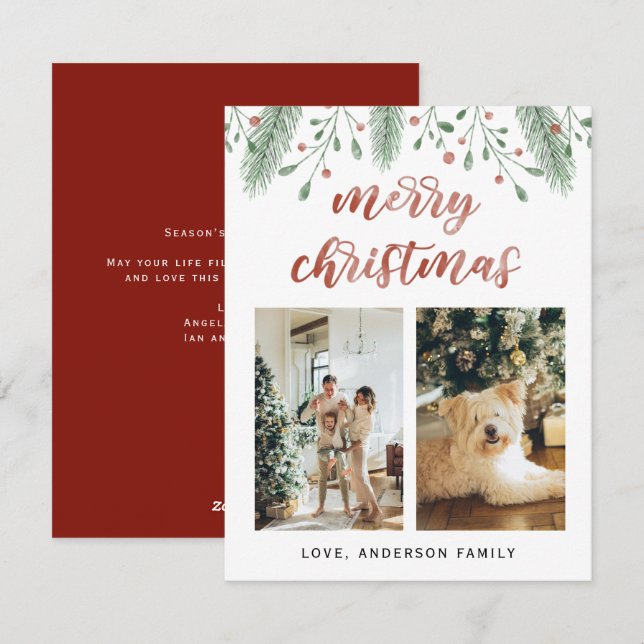 Aquarell Frohe Weihnachtskalligraphie Zwei Fotos Feiertagskarte (Vorne/Hinten)