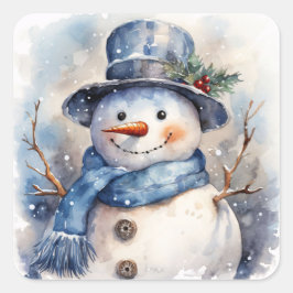 Aquarell Froher Weihnachtsschneemann im Winter Quadratischer Aufkleber