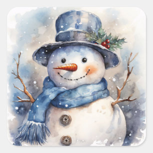 Aquarell Froher Weihnachtsschneemann im Winter Quadratischer Aufkleber