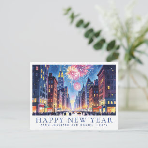 Aquarell Frohes Neues Jahr New York City Feuerwerk Postkarte