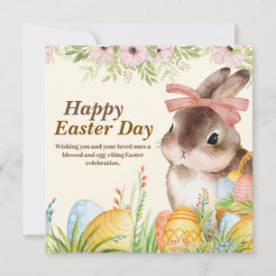 Aquarell-Fröhlicher-Osterhase-mit-Schleife Feiertagskarte