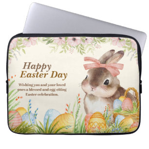 Aquarell-Fröhlicher-Osterhase-mit-Schleife Laptopschutzhülle