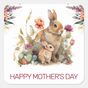 Aquarell-Frühling-Mutter-und-Baby-Kaninchen-Mutter Quadratischer Aufkleber