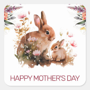 Aquarell-Frühling Mutter und Baby-Kaninchen Mutter Quadratischer Aufkleber