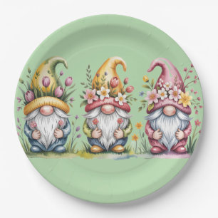 Aquarell-Frühlings-Gnom-Trio mit floralen Hüten Pappteller
