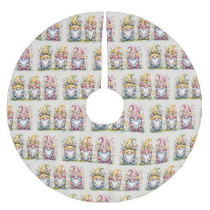 Aquarell-Frühlings-Gnom-Trio mit floralen Hüten Polyester Weihnachtsbaumdecke