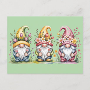 Aquarell-Frühlings-Gnom-Trio mit floralen Hüten Postkarte