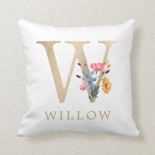 Aquarell-Frühlings-Wildblume Falsches Gold Buchsta Kissen