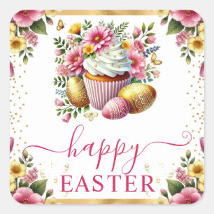Aquarell-Frühlingsblumen-Cupcake-Ostern Quadratischer Aufkleber