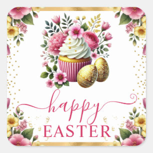Aquarell-Frühlingsblumen-Cupcake-Ostern Quadratischer Aufkleber