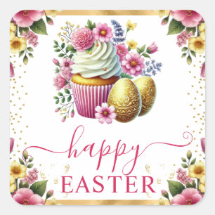 Aquarell-Frühlingsblumen-Cupcake-Ostern Quadratischer Aufkleber