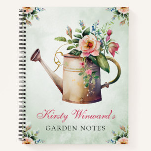 Aquarell-Frühlingsblumen-Gießkanne-Garten-Notizen Notizbuch