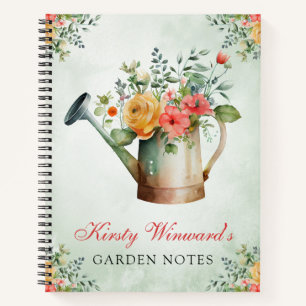 Aquarell-Frühlingsblumen-Gießkanne-Garten-Notizen Notizbuch
