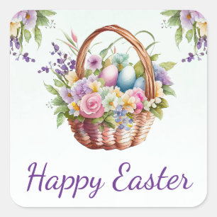 Aquarell Frühlingsblumen Korb Frohe Ostern Quadratischer Aufkleber