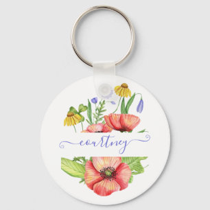 Aquarell-Frühlingsblumen personalisiert Schlüsselanhänger