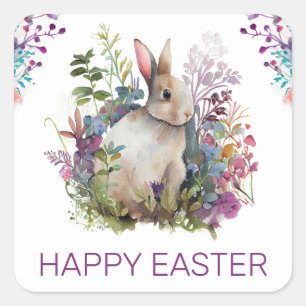 Aquarell-Frühlingsblumen und Hase Frohe Ostern Quadratischer Aufkleber