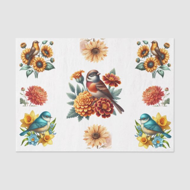 Aquarell-Frühlingsblumen und Vogelelemente  Seidenpapier (Vorderseite)
