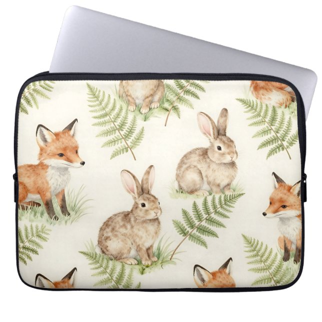 Aquarell-Fuchs-und-Hasen-Waldmuster Laptopschutzhülle (Vorderseite)