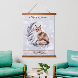 Aquarell Fuchs und Schnee personalisierter Feierta Wandteppich Mit Holzrahmen