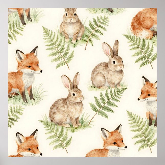 Aquarell Fuchs und Waldkaninchen Muster Poster (Vorne)